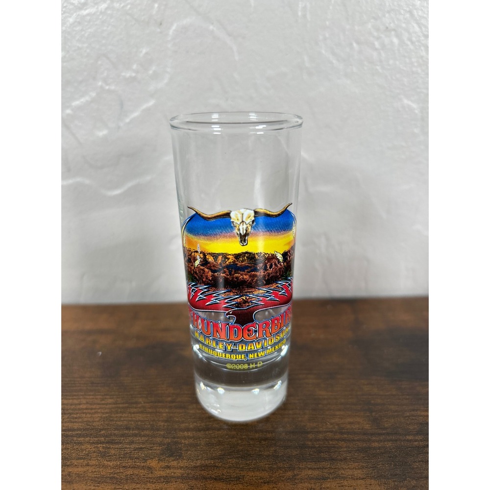Harley-Davidson Thunderbird Albuquerque NM Shot Glass 2008 Longhorn Skull Tall